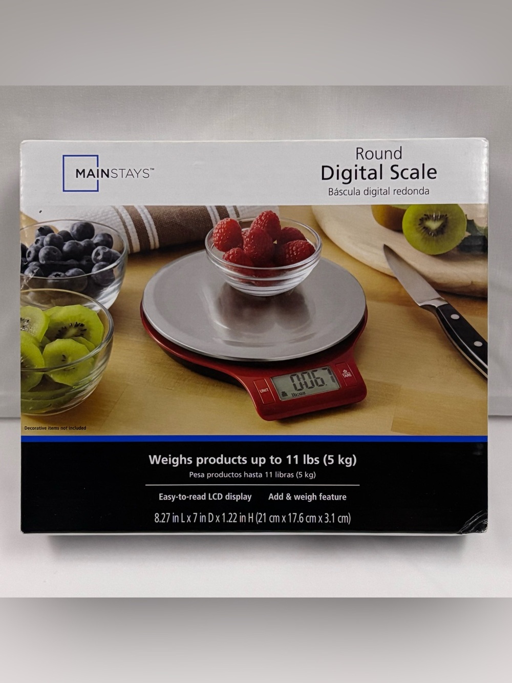 Mainstays Round Digital Kitchen Scale Red Stainless Steel LCD Display 11 lbs